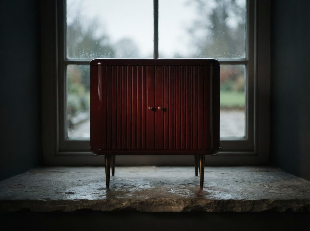 Móvel vintage em madeira escura com portas rizadas junto a uma janela