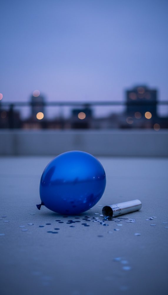 Balão azul e apito de festa com confetes numa superfície cinzenta ao entardecer com fundo desfocado urbano