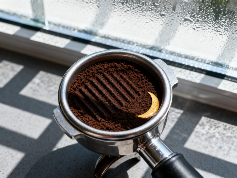 Porta-filtro metálico com café moído visto de cima, luz natural pela janela com sombras e gotas