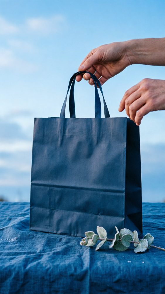Saco de papel preto com alças segurado por mãos sobre pano azul e céu azul ao fundo