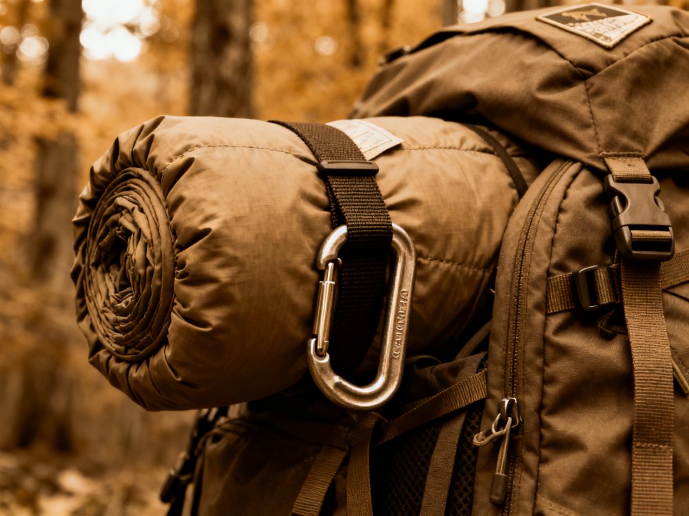 Mochila de campismo com saco de dormir enrolado e mosquetão prateado num ambiente florestal outonal