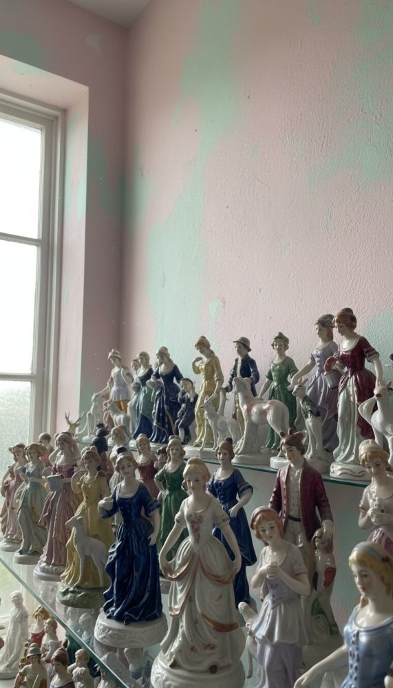 Estatuetas vintage femininas coloridas em prateleiras de vidro junto a uma janela iluminada
