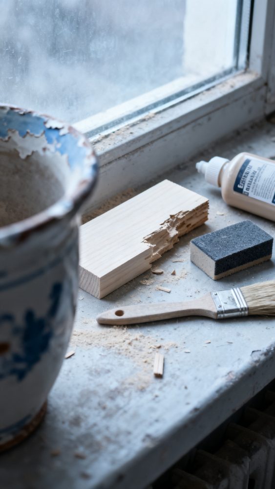 Ferramentas de bricolage com madeira, pincel, cola e lixa num peitoril de janela
