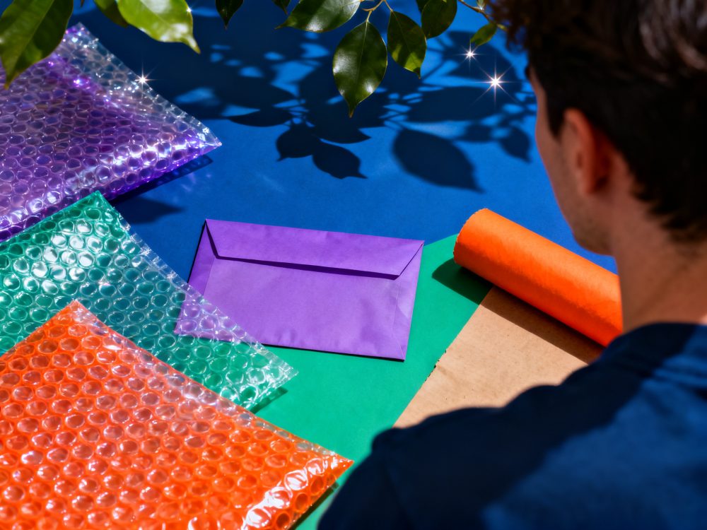 Envelope roxo, sacos de bolha coloridos e papel para embalagem sobre mesa azul