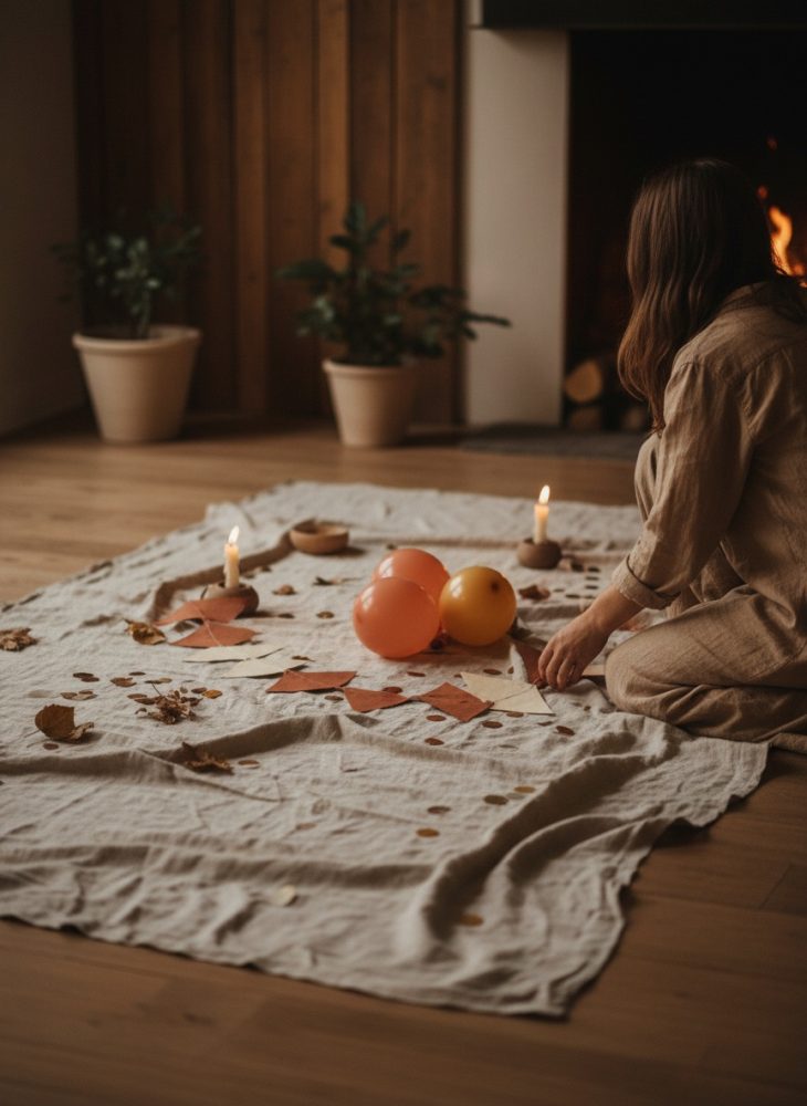 Pessoa sentada decorando manta com velas, folhas secas e balões junto à lareira