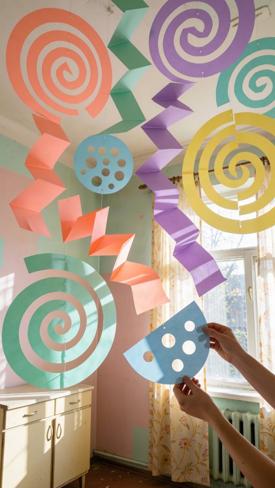 Mãos a preparar arte abstrata colorida com espirais e círculos recortados suspensos perto de uma janela