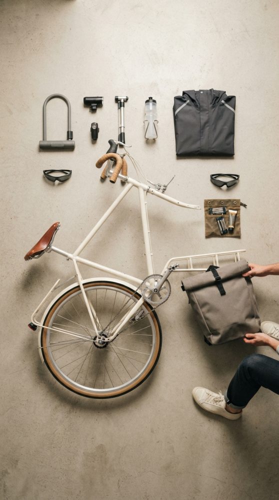Bicicleta branca de estrada com acessórios organizados em fundo claro e pés de pessoa segurando bolsa