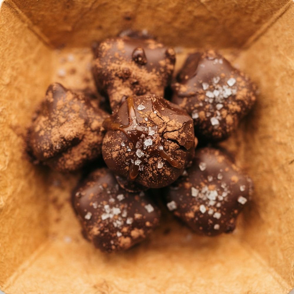 Seis trufas de chocolate com sal grosso numa caixa de papel castanha