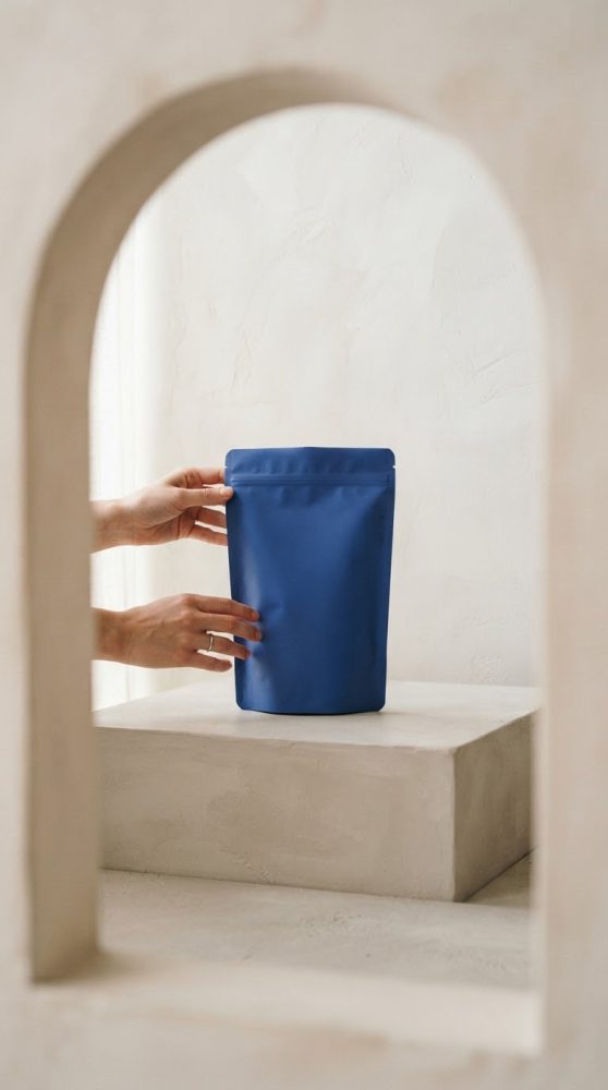 Mãos seguram saco azul mate com fecho zip sobre suporte neutro, visto por arco minimalista