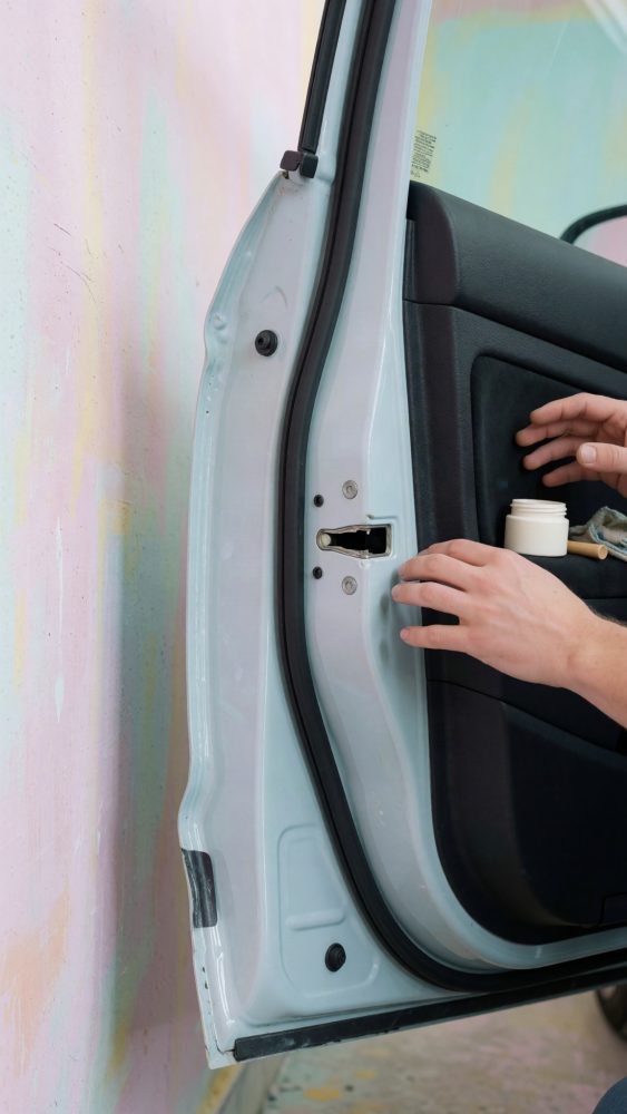 Porta de carro aberta com mãos a manipular frasco na parte interna da porta