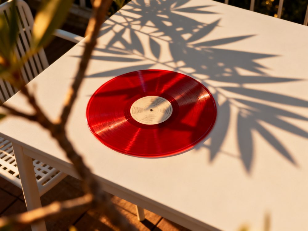 Disco de vinil vermelho sobre mesa branca com sombra de folhas ao sol