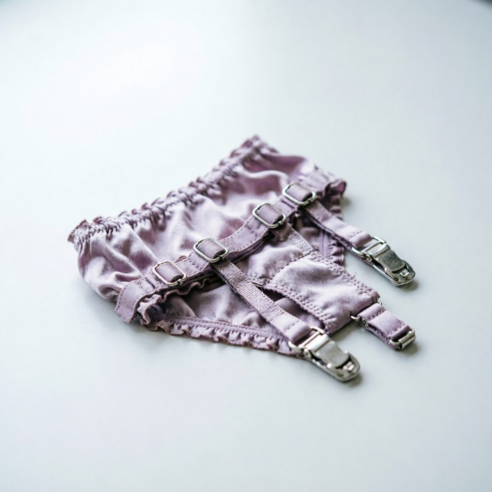 Suspensório lilás em tecido acetinado com fechos metálicos para lingerie