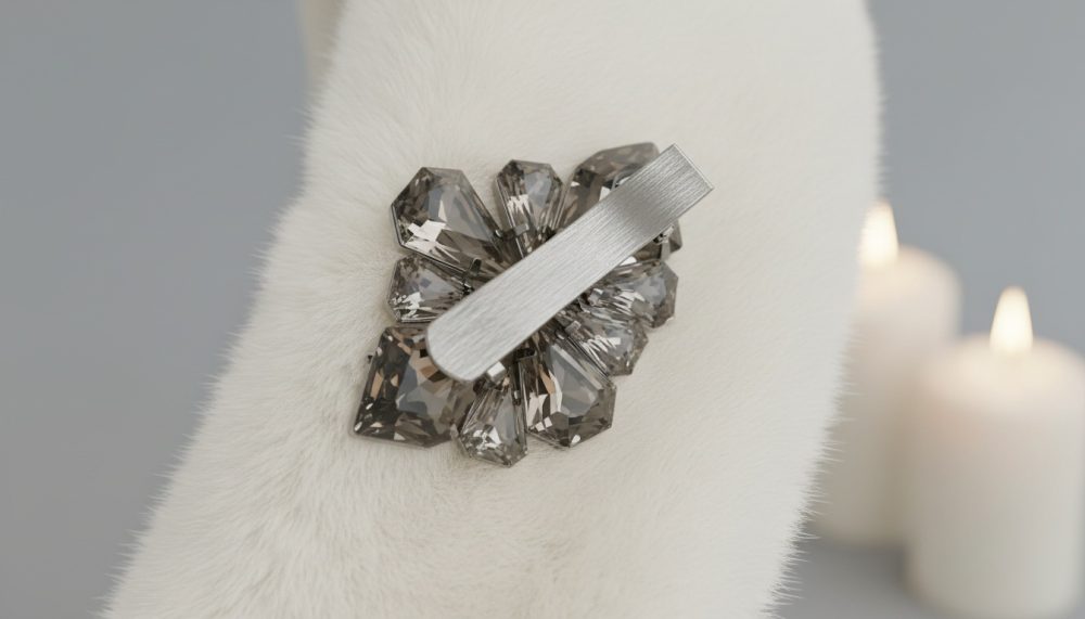 Broche de cristal cinzento sobre tecido branco peludo com velas acesas desfocadas ao fundo