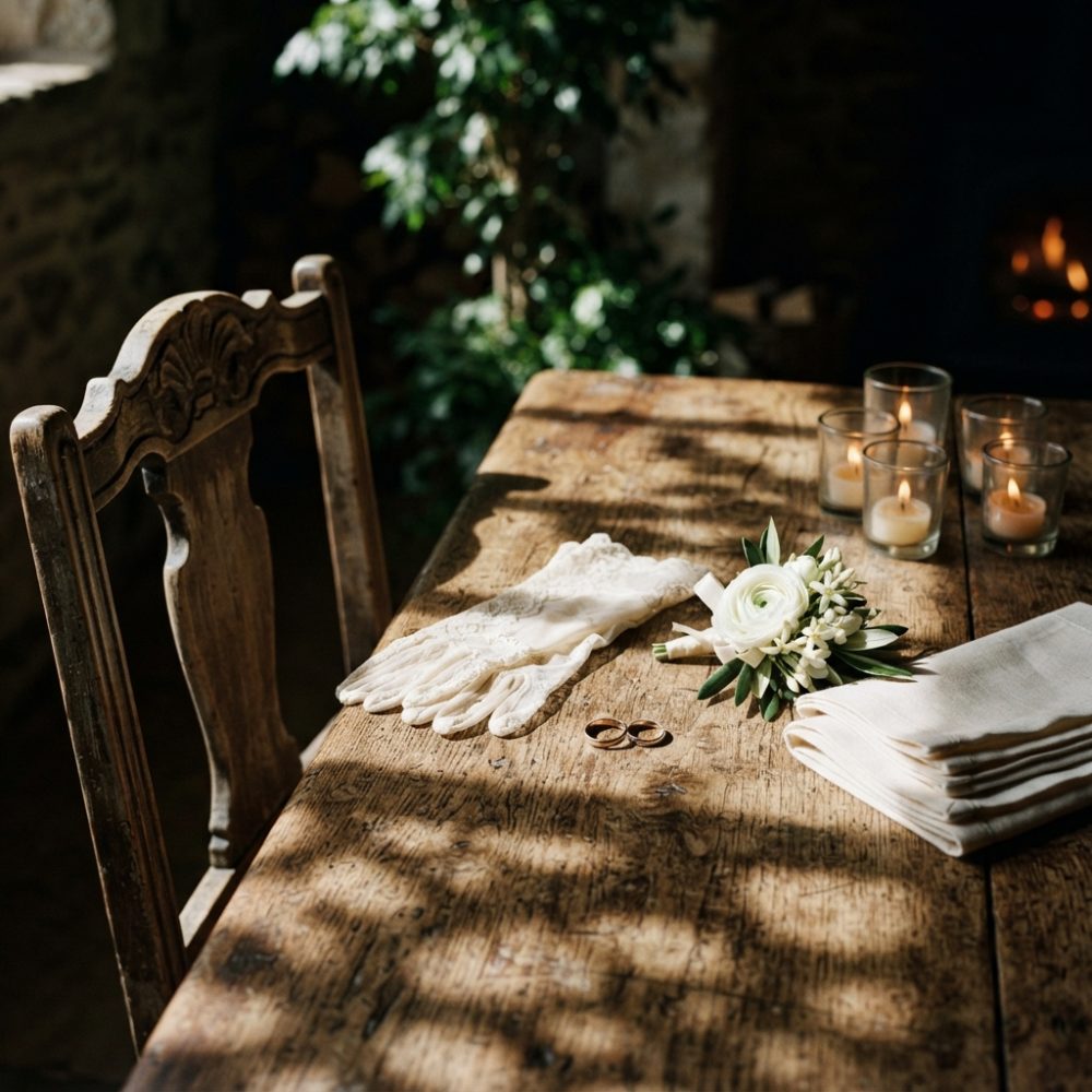 Mesa rústica com luvas de renda, alianças, bouquet branco e velas acesas para casamento