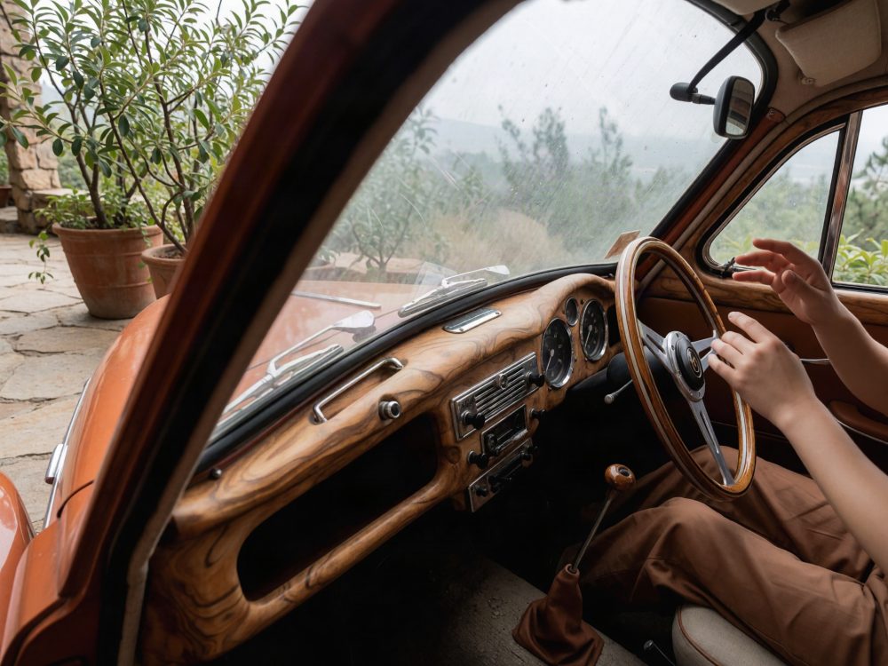 Interior vintage de automóvel com painel de madeira e volante clássico de madeira