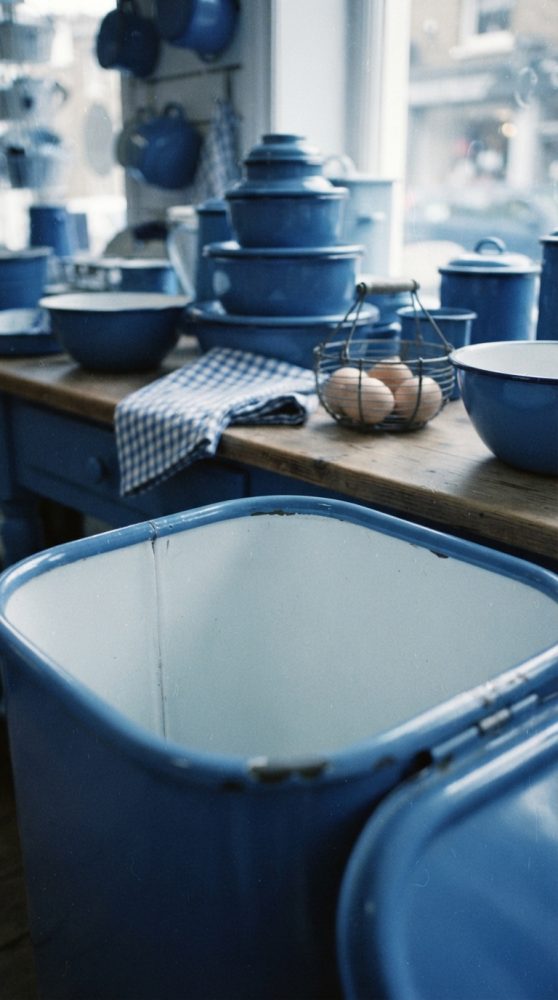 Utensílios de cozinha esmaltados azuis alinhados em bancada com ovos em cesto metálico e toalha xadrez