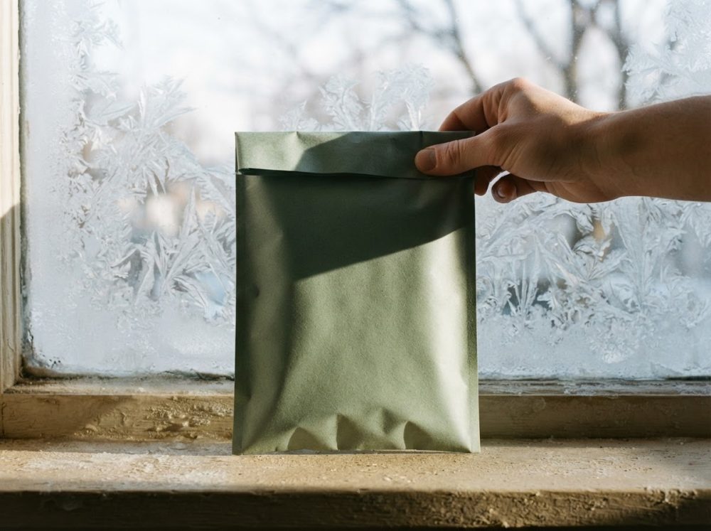 Mão a fechar envelope de embalagem verde junto a janela frostada com padrões de geada