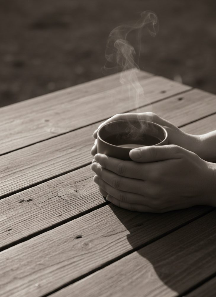 Mãos seguram uma caneca quente com vapor, numa mesa de madeira ao ar livre