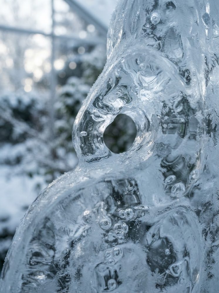 Escultura abstrata em gelo transparente com buracos circulares e bolhas, luz natural e fundo desfocado