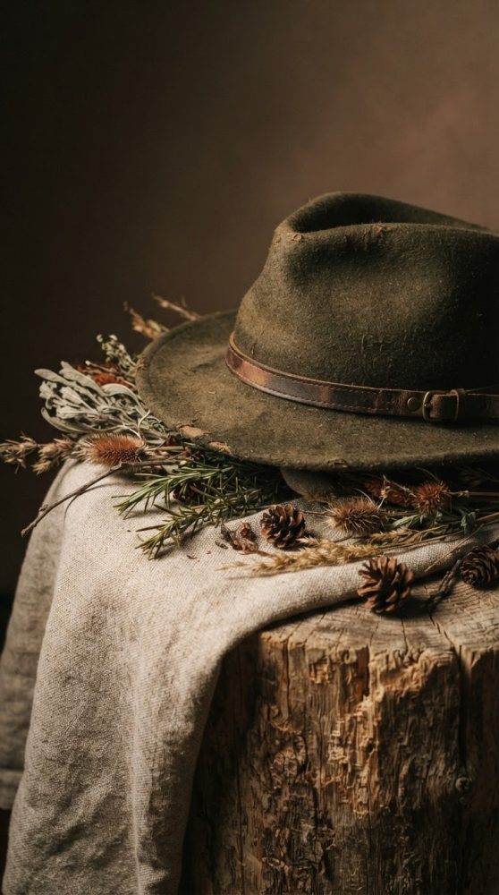 Chapéu de feltro castanho sobre tecido com ramos e pinhas num tronco de madeira rústica