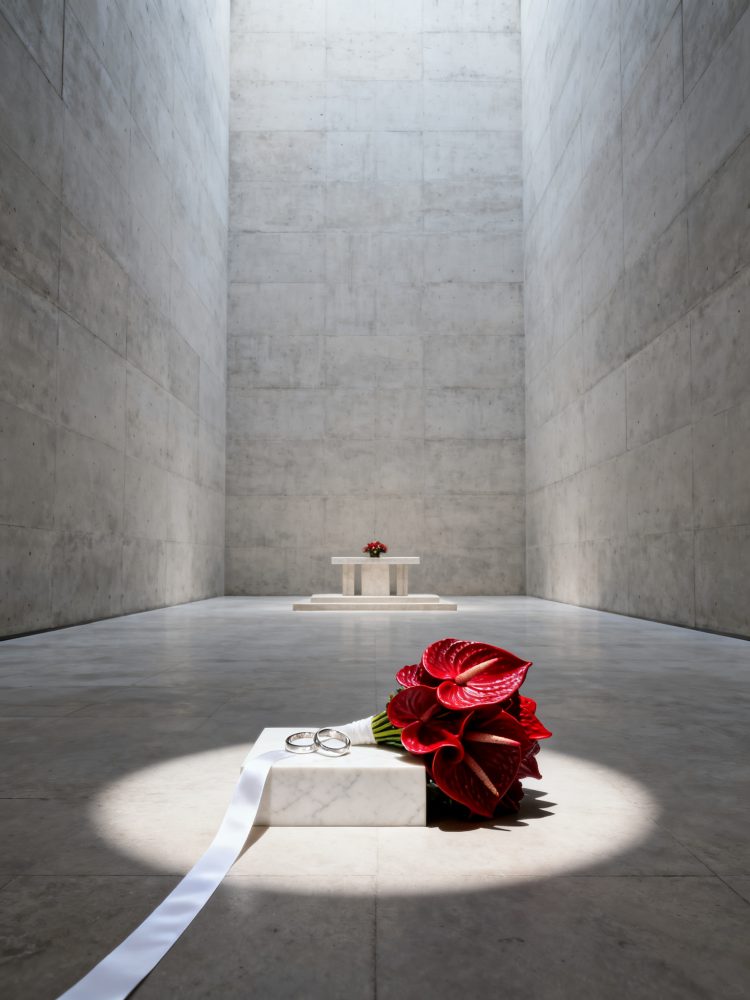 Altar minimalista com bouquet vermelho e alianças sob luz natural intensa em espaço moderno de cimento