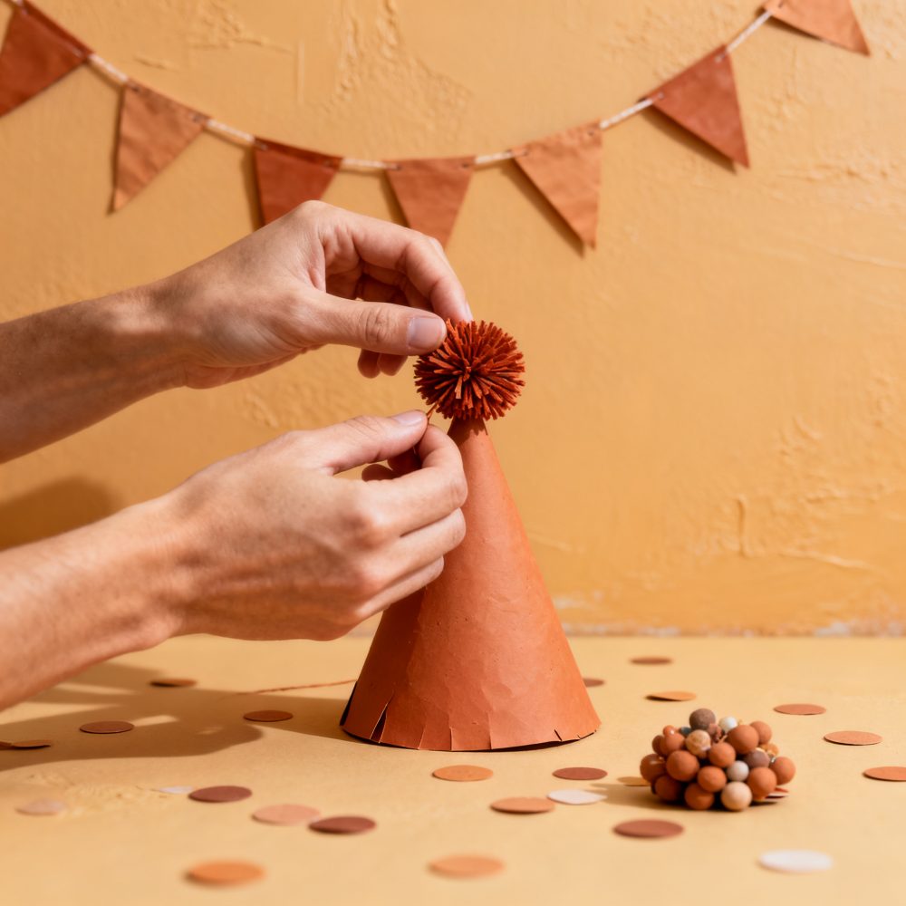 Mãos a colocar pompom num chapéu de festa de papel laranja com confetes no fundo e guirlanda terreosa