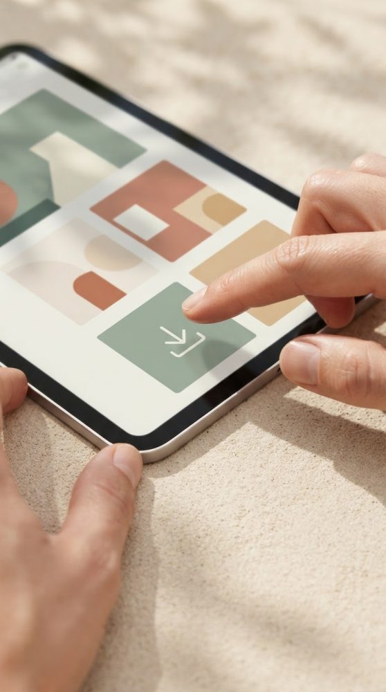 Mãos a tocar num tablet com interface colorida sobre superfície clara