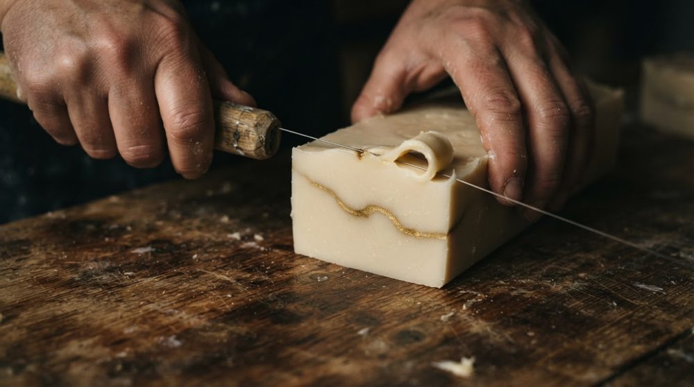 Mãos a cortar barra de sabão artesanal com fio sobre madeira rústica