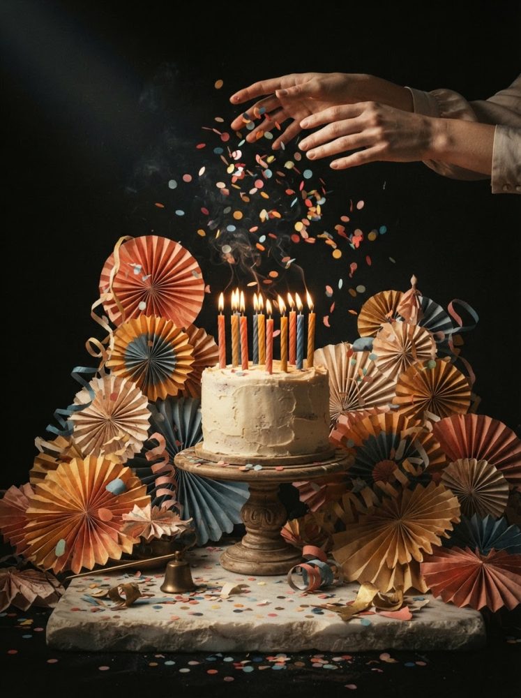 Bolo de aniversário com velas acesas, confetes a cair e decorações de papel coloridas em fundo escuro
