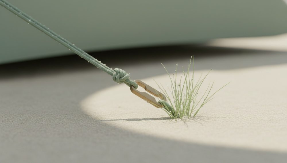 Cordão de campismo com nó e peça metálica fixados na areia com vegetação rasteira