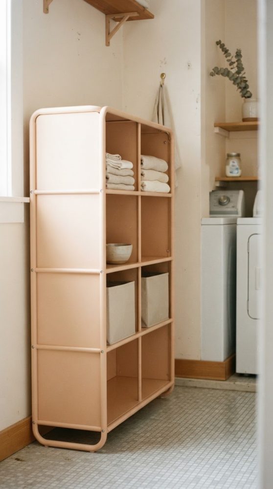 Estante rosa com nichos organizando toalhas e caixas numa lavandaria iluminada