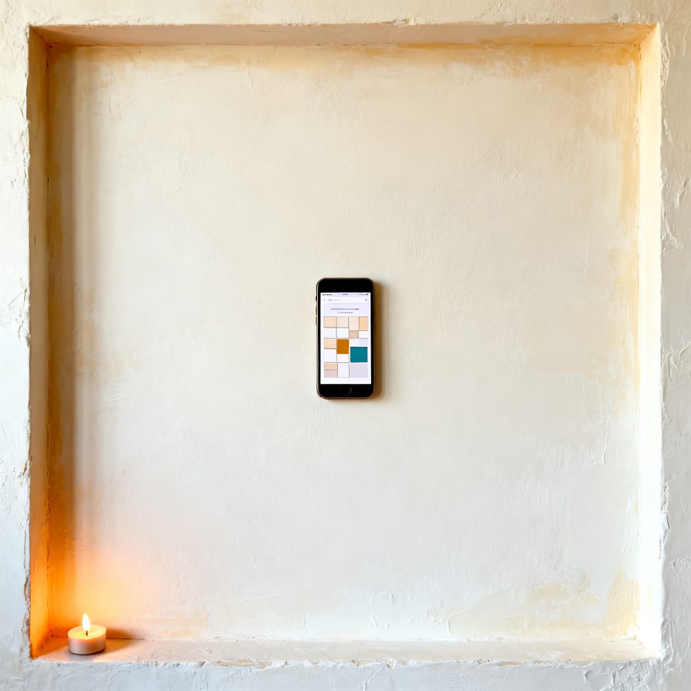 Smartphone numa parede clara com aplicação digital e vela acesa à esquerda