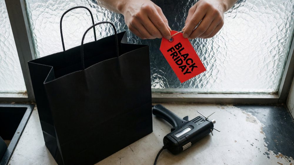 Mãos segurando etiqueta vermelha Black Friday ao lado de saco preto e pistola térmica sobre mesa