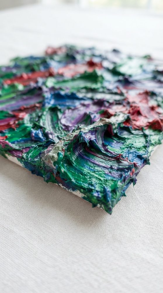 Superfície com pintura abstrata textura espessa e cores vibrantes em relevo