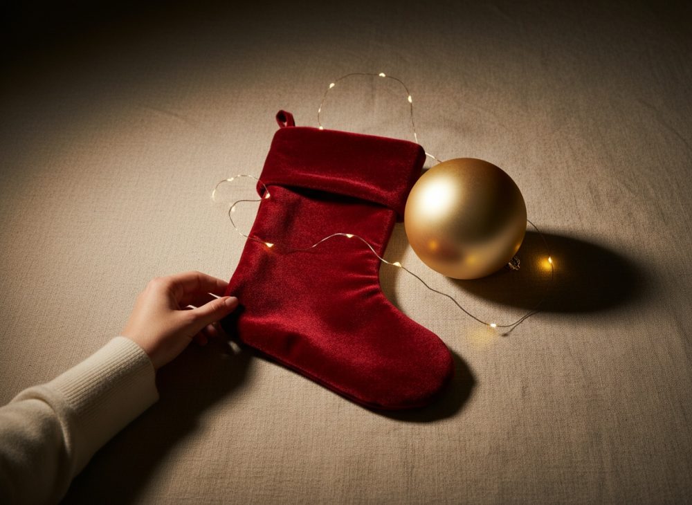 Mão a segurar meia de Natal vermelha com bola dourada e luzes decorativas num tecido bege