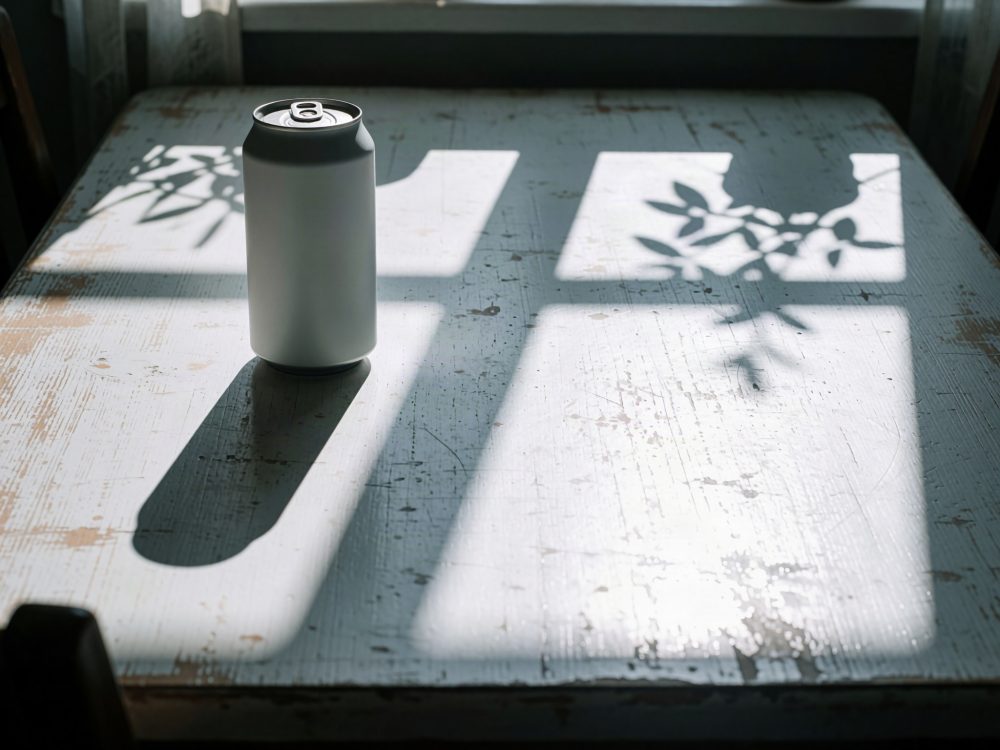 Lata branca na mesa envelhecida iluminada por luz natural com sombras de janela e folhas