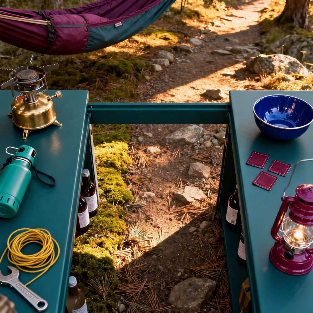 Mesa com utensílios de campismo ao ar livre junto a caminho florestal de terra e pedras