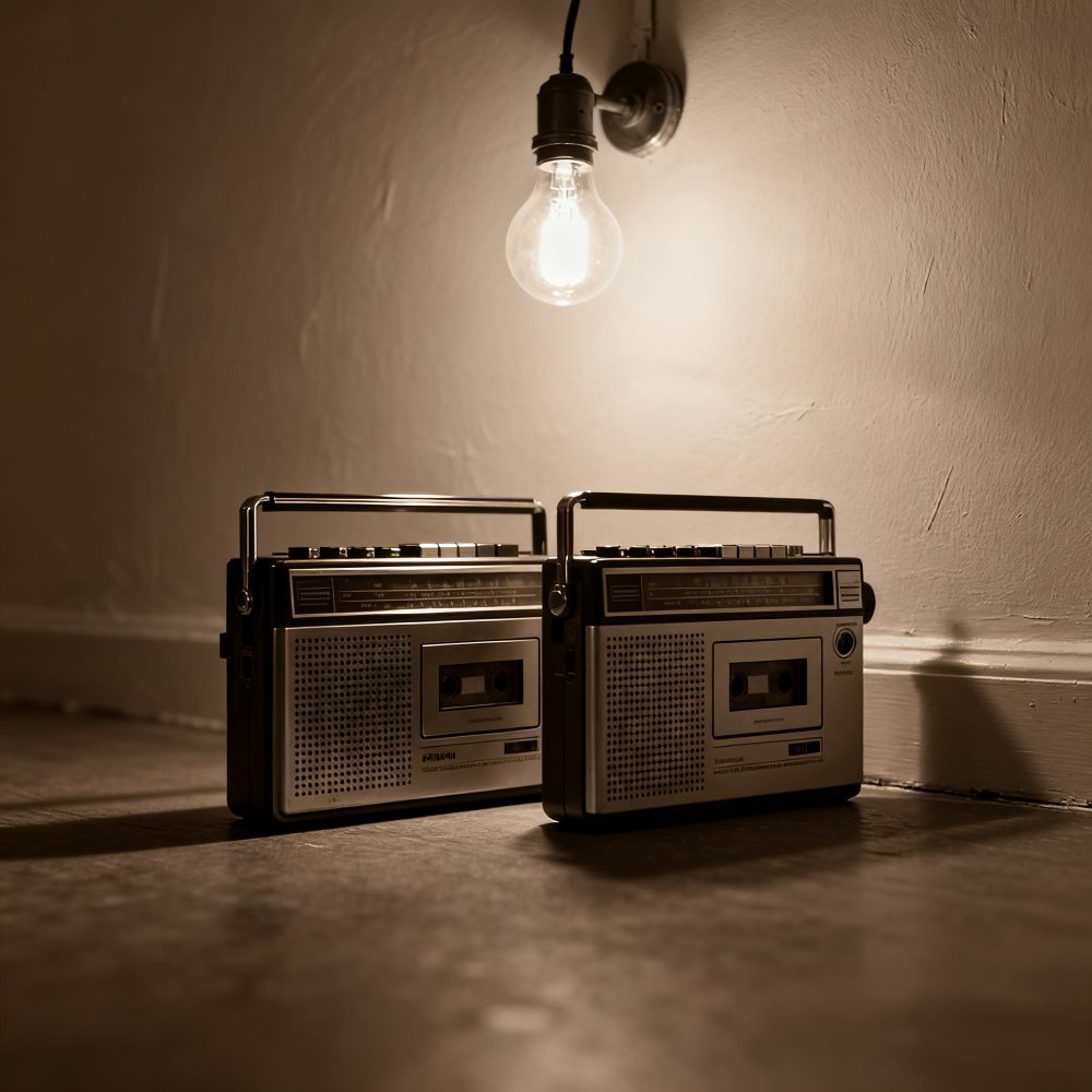Dois rádios vintage com leitor de cassete sob luz quente de lâmpada incandescente