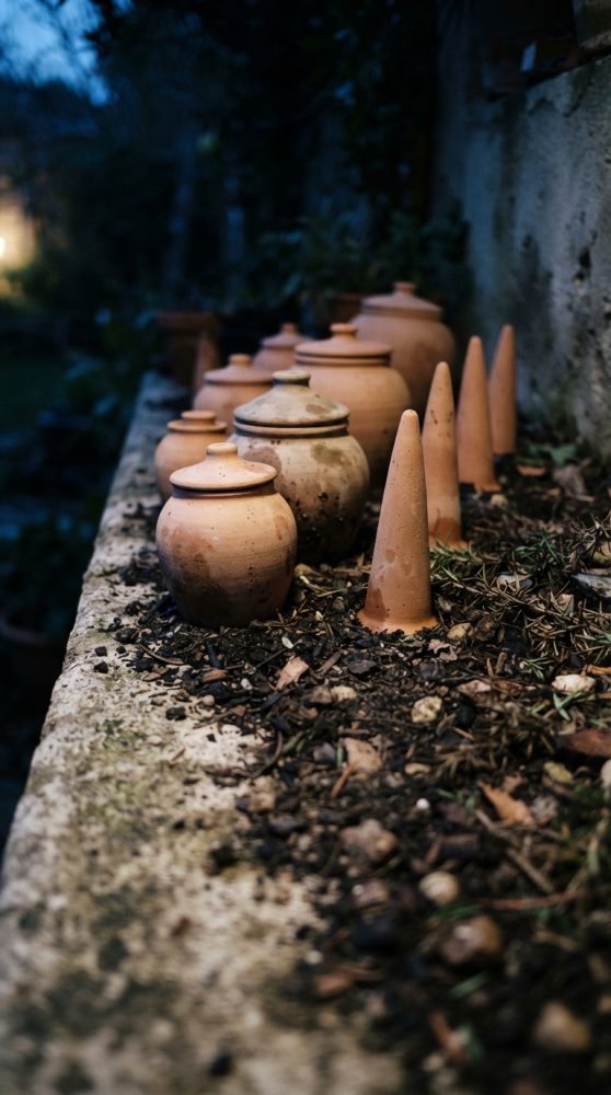 Jarras e cones de barro alinhados sobre muro com terra, folhas e ambiente natural ao entardecer