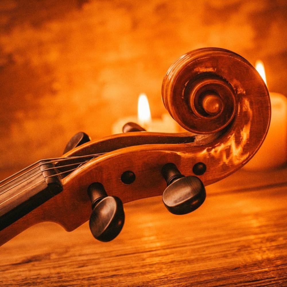 Pormenor da crina de violino em madeira com velas acesas desfocadas ao fundo