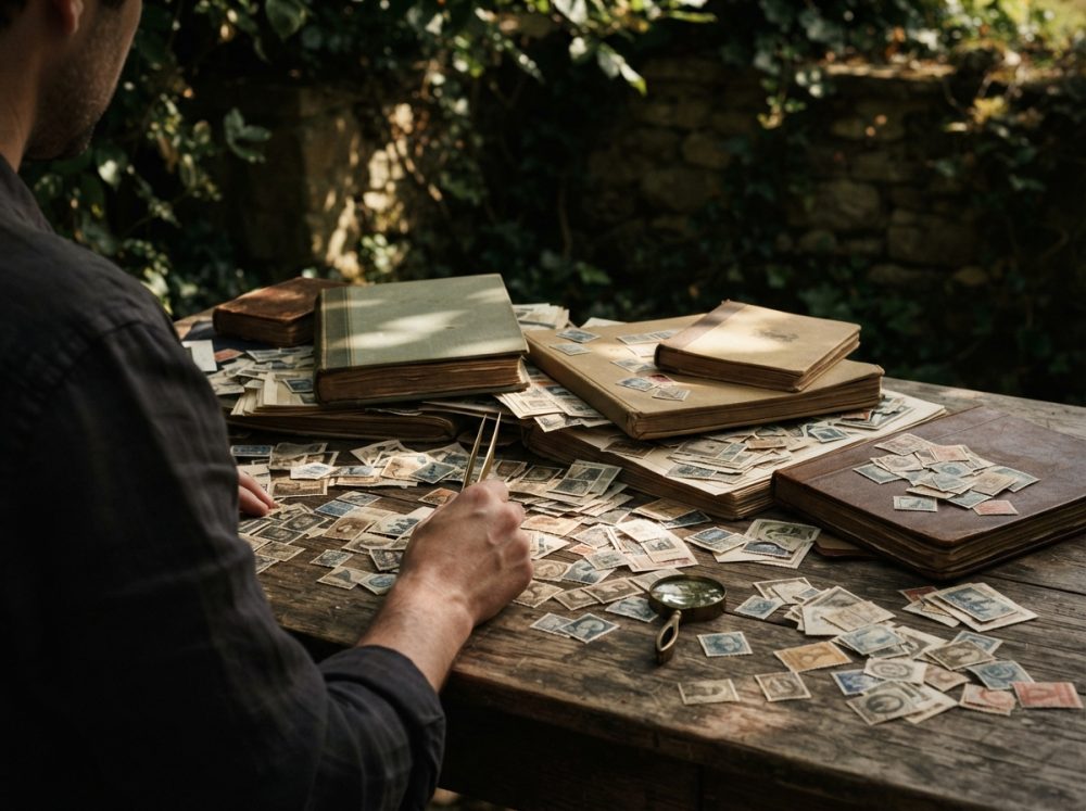 Pessoa a organizar selos antigos em álbuns numa mesa de madeira ao ar livre