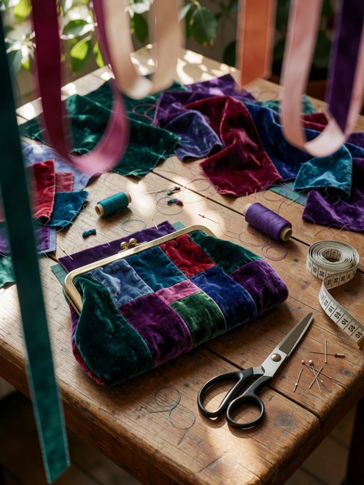 Mesa de madeira com bolsa patchwork em veludo e acessórios de costura coloridos