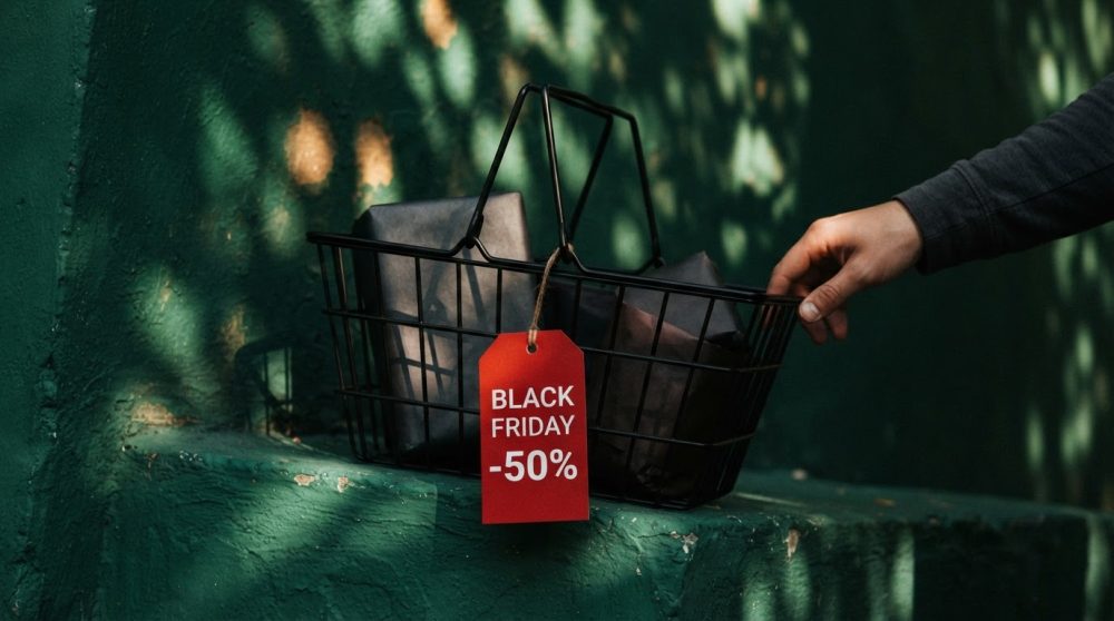 Cesta preta com produtos embalados e etiqueta vermelha de Black Friday -50%