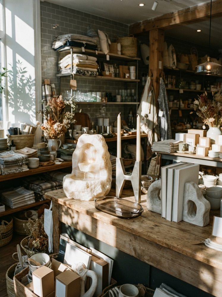 Interior de loja com decoração natural, velas e têxteis expostos em prateleiras e mesa de madeira