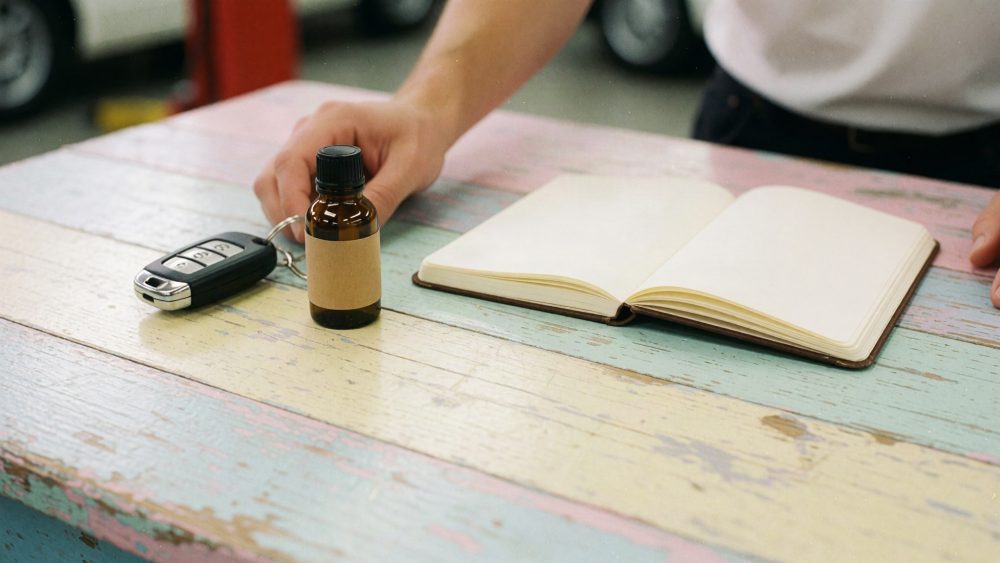 Chave de carro, frasco e caderno aberto sobre mesa de madeira pintada em tons pastel