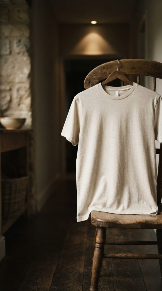 T-shirt bege pendurada numa cadeira de madeira rústica numa sala interior com luz suave