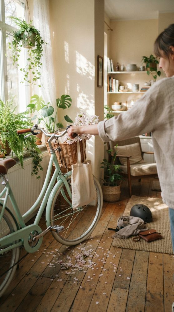 Bicicleta urbana verde com cesto de vime e flores numa sala clara e decorada com plantas