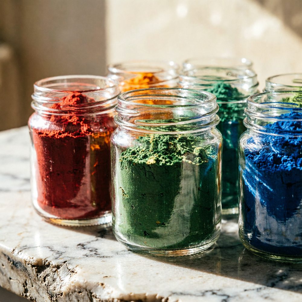 Seis frascos transparentes com pós coloridos vermelho, verde, azul e laranja sobre pedra clara