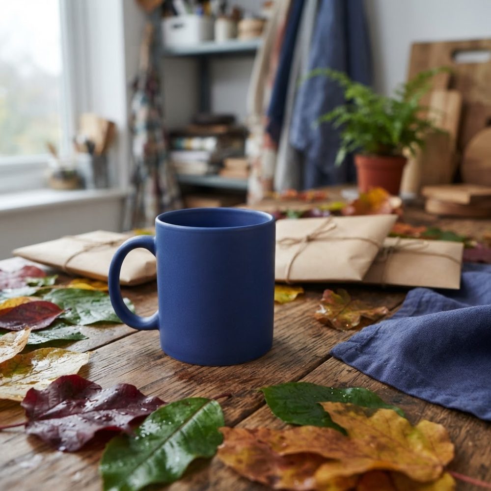Caneca azul mate sobre mesa de madeira com folhas de outono e envelopes embrulhados