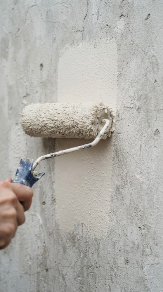 Mão a aplicar tinta clara com rolo numa parede com textura áspera